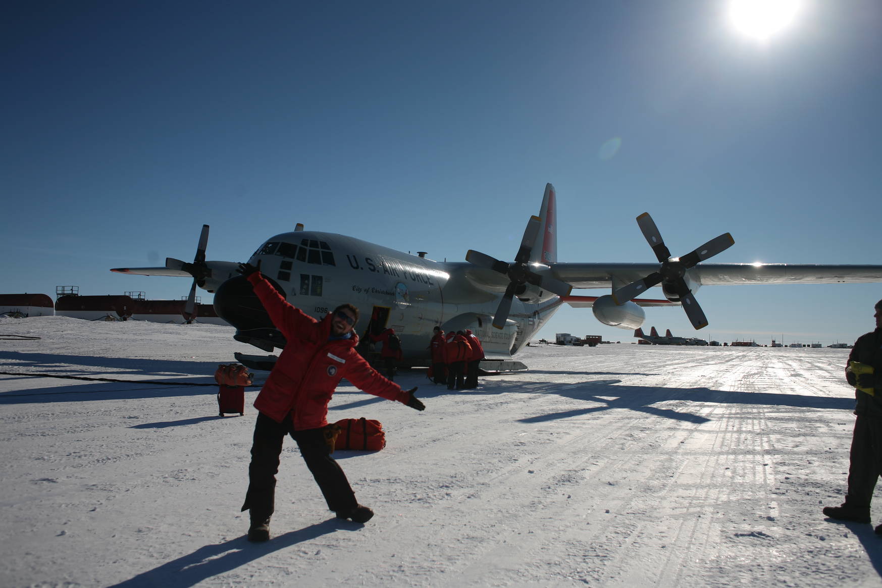 Excited, in front of the LC-130 ski-equipped Hercules.