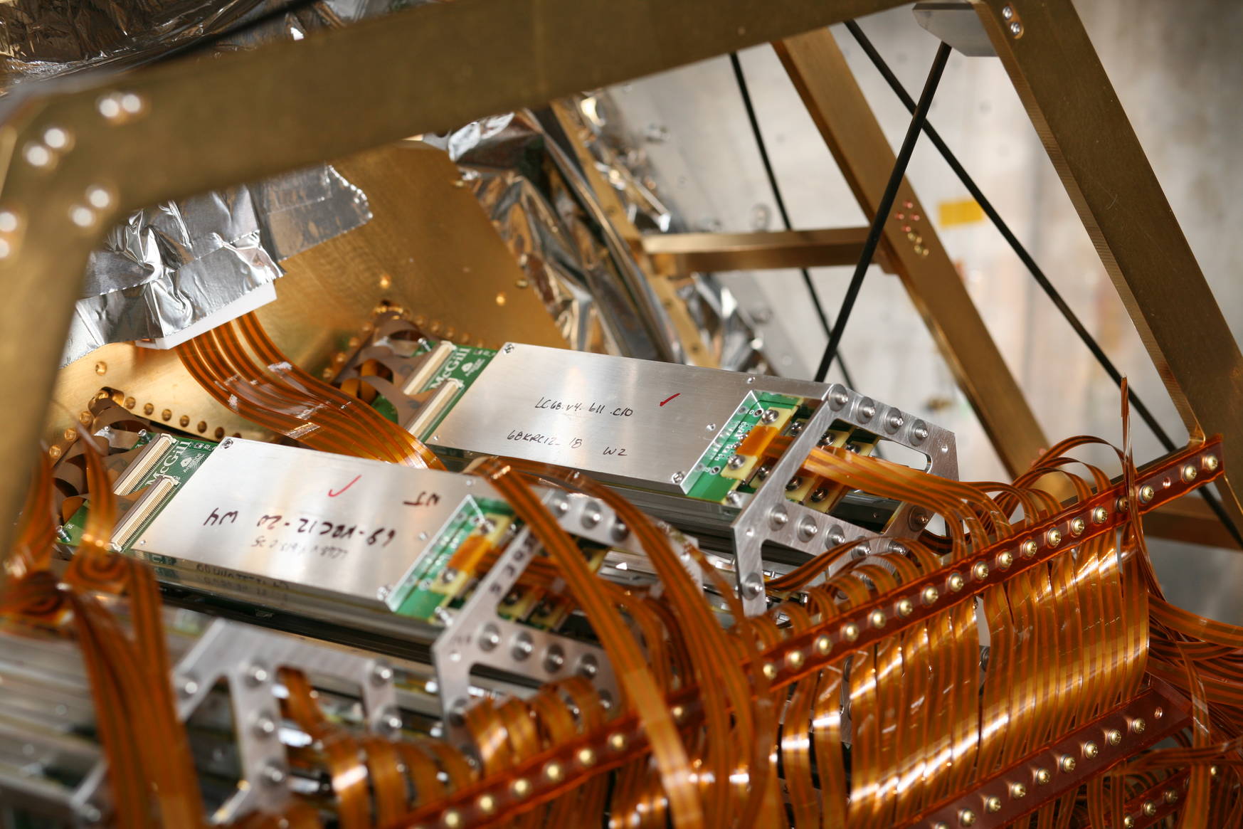 Close-up of two of the detectors and their read-out electronics. 
